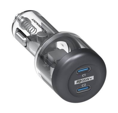 Powerology Dual Type-C Output Ultra-Quick Crystalline Series Car Charger, 35W PD, Built-in Safety Guards - Transparent/Gray