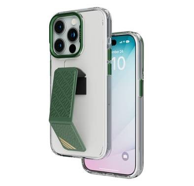 Levelo Morphix Clara Grip Case for iPhone 15 Pro, Premium Leather Kickstand Grip, Shock Proof Edges, 3H Anti Scratch, Reinforced Corners with Airguard, Multi Positioning Modes for Ultimate Protection and Convenience - Green