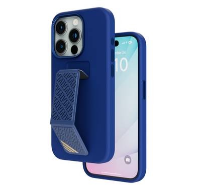 Levelo Morphix Silicone Case  with Leather Grip for iPhone 15 Pro Max, Premium Leather Kickstand Grip,  Multi-Positioning Modes,  Shock-Proof Edges, 3H Anti Scratch, Built-In Grip, Magnetic Case - Deep Blue