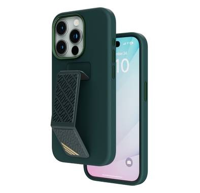 Levelo Morphix Silicone Case with Leather Grip for iPhone 15 Pro Max, Premium Leather Kickstand Grip,  Multi-Positioning Modes,  Shock-Proof Edges, 3H Anti Scratch, Built-In Grip, Magnetic Case - Green