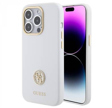 Guess Silicone Case with 4G Strass Logo Case - White - iPhone 15 Pro