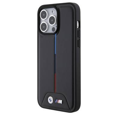 BMW M PU Leather Case with Quilted Tricolor Pattern for iPhone 15 Pro Max - Black