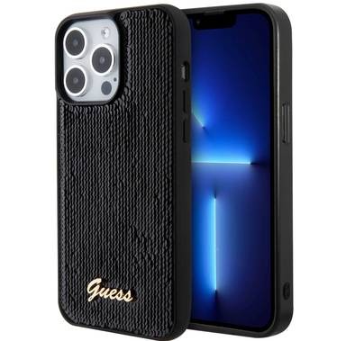 حافظة Guess Sequin Script مع شعار Guess Metal - أسود - iPhone 15 Pro Max