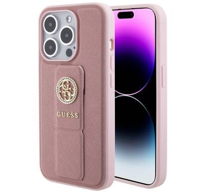 Guess Gripstand Saffiano Case with 4G Strass Metal Logo - Pink - iPhone 15 Pro Max