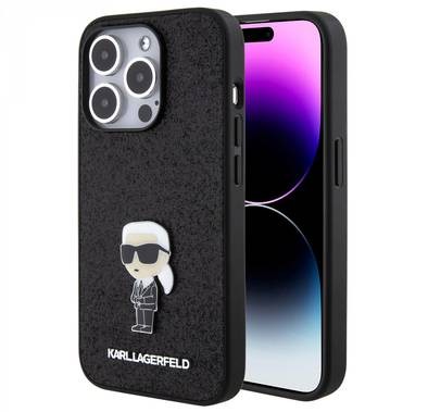 Karl Lagerfeld Fixed Glitter Case with Ikonik Logo Metal Pin - Black - iPhone 15 Pro