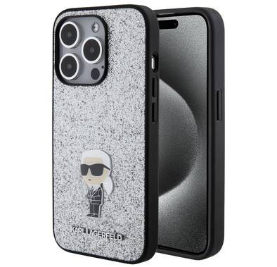 حافظة Karl Lagerfeld اللامعة الثابتة مع دبوس معدني يحمل شعار Ikonik - فضة - iPhone 15 Pro Max