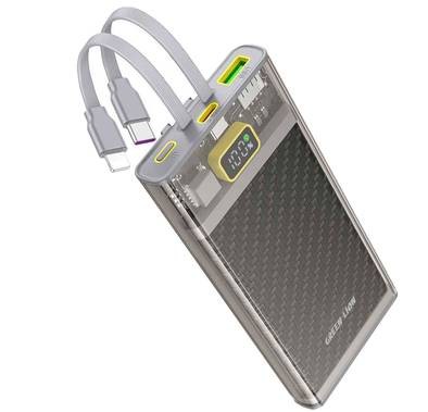 Green Lion Transparent 2  10000mAh Power Bank With Integrated Type-C & Lightning Cables, USB-A & Type-C Output, PD 20W Fast Charging, LED Display, Portable, Compact Design - Gray