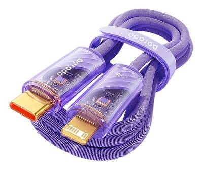 Porodo Braided 1M PD27W USB-C to Lightning Cable With Transparent Head  - Purple