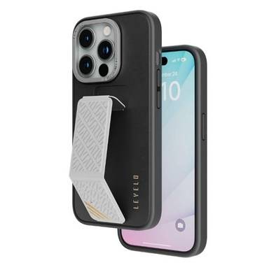 Levelo iPhone 15 Pro For Morphix Leather Case With Kickstand Grip   - Black/Grey