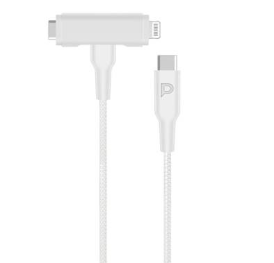 Powerology USB-C to USB-C and Lightning 1.2m/4ft Braided Cable, PD 60W, Compatible with iPhone and iPad, more than 30000 Bends Lifespan - White