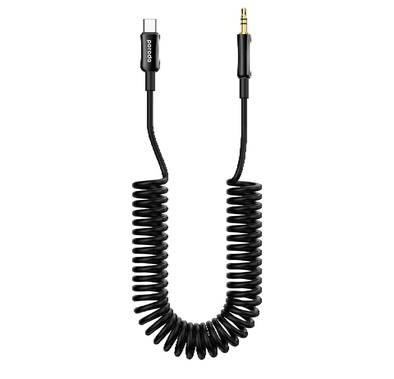 Porodo 3.5mm Type-C AUX Coiled Audio Cable Convenient Tangle-Free Design 1.2m/4ft, Type C to AUX, Universal Compatibility, Auto Retractable - Black