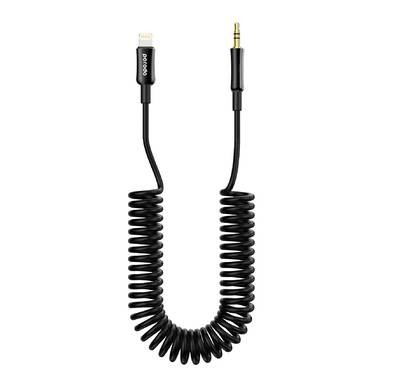 Porodo 3.5mm Lightning AUX Coiled Audio Cable Convenient Tangle-Free Design 1.2m/4ft, Lightning to AUX, Universal Compatibility, Auto Retractable - Black