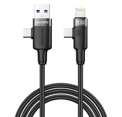 Porodo Fast Charging Cable with Dual Connector, Lightning, Type-C and USB-C - Black - 1.2M