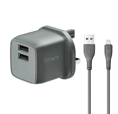 شاحن السفر PAWA PocketMini ثنائي USB وكابل USB-A القياسي إلى Lightning في المملكة المتحدة - رمادي