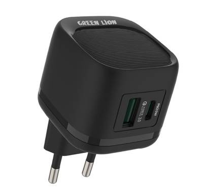 شاحن حائط Green Lion PD20W+QC مع كابل USB-C إلى USB-C بطول 1 متر في الاتحاد الأوروبي، شحن سريع، 20 وات PD، 3.0QC، حماية الشحن - أسود