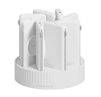Powerology 8in1 Power Station with 10000mAh Capacity, PD20W, QC, and Wireless Charging - White