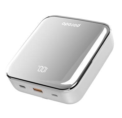 Porodo Compact Power Bank 20000mAh with Out Cable USB-A, Type-C and Lightning, 20W Power Delivery, Simultaneous Charging - Silver