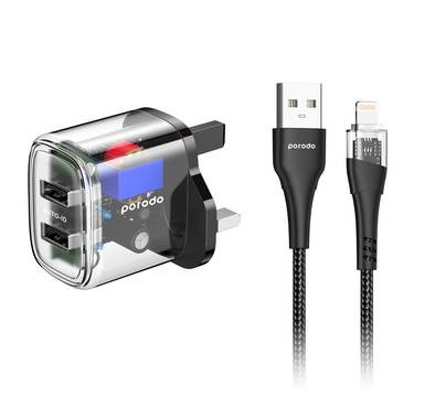 Porodo Dual Output Transparent Charger UK with USB-A to Lightning Cable - 1.2M