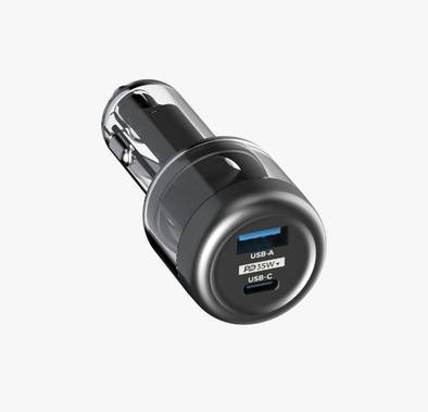 Powerology Dual Output Ultra-Quick Crystalline Series Car Charger, 35W PD, 22.5W QC, Built-in Safety Guards - Transparent/Gray