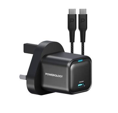 شاحن Powerology صغير الحجم للغاية مع كابل USB-C إلى USB-C - أسود