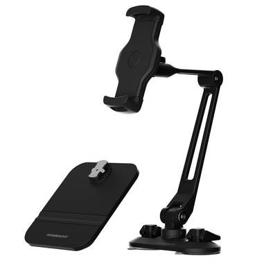 Powerology Quick Release Multi Mounting Phone & Tablet Holder with Desk Base and Suction, 360° Head Rotation, Long Swivel Arm - Black