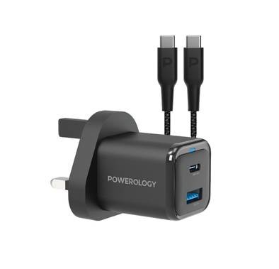Powerology Dual Port Super Compact Quick Charger with USB-C To USB-C Cable - Black