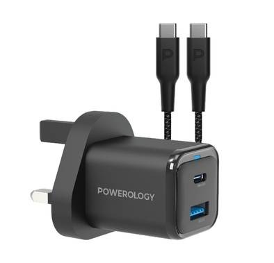 شاحن Powerology ثنائي المنفذ فائق الصغر وسريع مع كابل مضفر من USB-C إلى USB-C، بروتوكول PPS بقوة 33 وات، مخرج USB-C بقوة 35 وات، مخرج USB-A بقوة 18 وات - أسود 