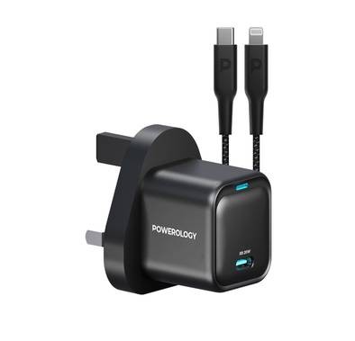 شاحن Powerology GaN فائق الصغر مع USB-C إلى Lightning - أسود