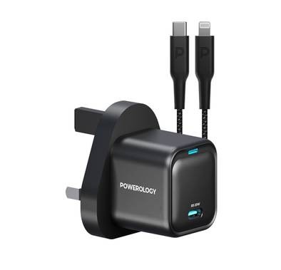 شاحن GaN فائق الصغر من Powerology مع كابل مضفر من USB-C إلى Lightning، وتوصيل طاقة بقوة 20 وات، وتصميم خفيف الوزن وصغير الحجم - أسود