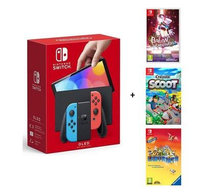 Nintendo Switch OLED Neon Console + 3 Video Games (BCR)   - Red / Blue