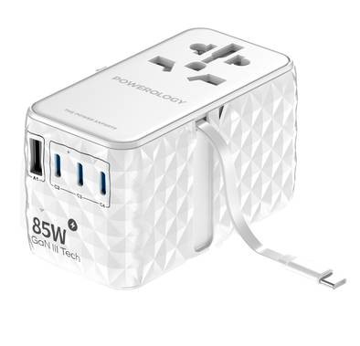 Powerology Universal Adapter 85W Super Charger with Type-C Cable - White