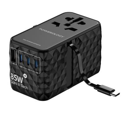 Powerology Universal Adapter 85W Super Charger with Type-C Cable - Black