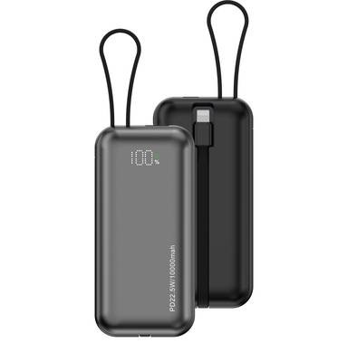 Porodo 10,000 mAh Power Bank - Dual Built-In Type-C and Lightning Cables, PD 22.5W Max Output, Fast Charging from 0 to 60% in 30 Minutes, Digital Display, Compatible with iPhone 15/14, Samsung S24/S23, Huawei, iPad, AirPods and More - Black