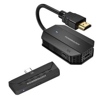 محول Powerology اللاسلكي HDMI Type-C للصوت والفيديو، نطاق نقل 50 مترًا، دقة 1080 بكسل، زمن انتقال منخفض، تصميم التوصيل والتشغيل 