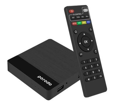 Porodo Android TV Box Video Streaming, 8GB Storage, 1GB RAM, 1080 Full HD, Quad-Core, HDMI, x2 USB 2.0, RJ45, AV Output, Unlimited Streaming, UK 3Pin - Black 