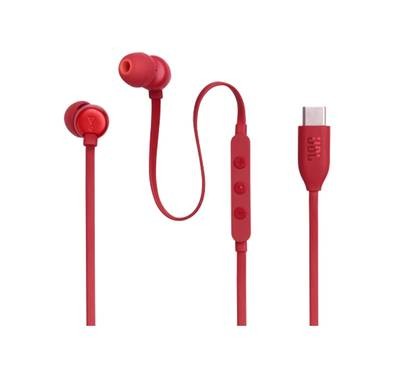 JBL T310C USB-C Wired Earphones, High Resolution Audio, Tangle-Free Flat Cable, Digital to Analog Converter, Compatible with PCs/Mobiles/Gaming Consoles, Pure Bass Sound, 1.2m - Red 