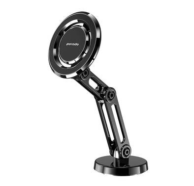 Porodo Zinc Alloy Phone Mount Multi-Joint & 360° Rotating Base, x42 Embedded N52 Magnets, Folding Design, One Hand Operation, 4500Gauss Magnetic Force - Black