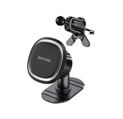 Porodo Universal Dual Mode Magnetic Phone Mount with Rotating Ball Joint, Strong Magnetic Hold, One Hand Operation, Portable & Ultra Compact Design - Black