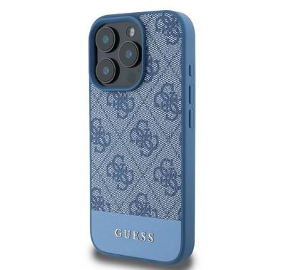 Guess PU 4G Leather Hard Case with Bottom Stripe For iPhone 16 Pro Max, Premium Material, Extra Shield Protection, Precise Cutouts, Drop Protection, Slim Profile, Easy Snap-On - Blue