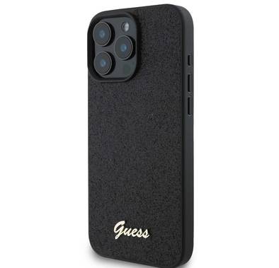 Guess Fixed Glitter Hard Case with Script Metal Logo for iPhone 16 Pro, Slim Profile, Drop Protection, Easy Snap-On, High-Quality Material, Extra Shield Protection - Black