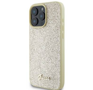 جراب Guess Fixed Glitter Hard Case مع شعار معدني مكتوب عليه Script لهاتف iPhone 16 Pro، تصميم رفيع، حماية من السقوط، سهل التركيب، مادة عالية الجودة، حماية إضافية - ذهبي