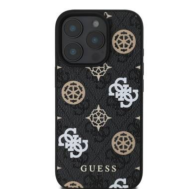 جراب Guess PU 4G صلب بتصميم زهرة الفاوانيا لهاتف iPhone 16 Pro Max، سهل التركيب، تصميم سهل الانزلاق - أسود 