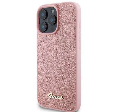 جراب Guess Fixed Glitter Hard Case مع شعار معدني مكتوب عليه Script لهاتف iPhone 16 Pro، تصميم رفيع، حماية من السقوط، سهل التركيب، مادة عالية الجودة، حماية إضافية - وردي