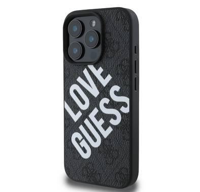 جراب Guess PU 4G الصلب مع شعار Big Love Guess لهاتف iPhone 16 Pro، مصنوع من مادة عالية الجودة، خفيف الوزن، سهل التركيب - أسود