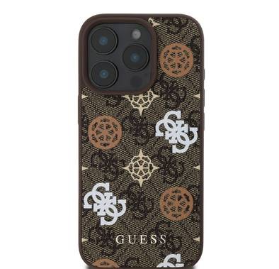 Guess PU 4G Design Hard Case With Peony For iPhone 16 Pro Max , Easy Snap-On, Slip Profile - Brown