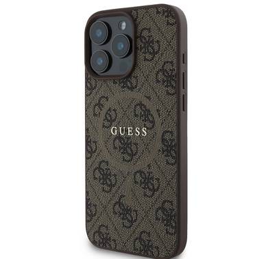 جراب Guess Magsafe PU 4G الصلب مع شعار كلاسيكي لهاتف iPhone 16 Pro، حماية من السقوط، سهل التركيب، تصميم نحيف وخفيف الوزن، متوافق مع MagSafe للشحن اللاسلكي - بني