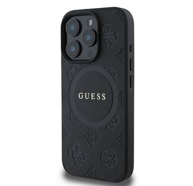 جراب Guess Magsafe Saffiano PU الصلب مع شعار Peony Classic لهاتف iPhone 16 Pro، حماية من السقوط، سهل التركيب، تصميم نحيف وخفيف الوزن، متوافق مع MagSafe للشحن اللاسلكي - أسود