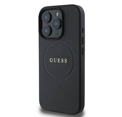 جراب Guess Magsafe PU Grained صلب مع حلقة ذهبية لهاتف iPhone 16 Pro، تصميم نحيف وخفيف الوزن، متوافق مع MagSafe للشحن اللاسلكي، سهل التركيب، حماية من السقوط