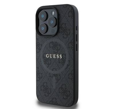 جراب Guess Magsafe PU 4G الصلب مع شعار كلاسيكي لهاتف iPhone 16 Pro، حماية من السقوط، سهل التركيب، تصميم نحيف وخفيف الوزن، متوافق مع MagSafe للشحن اللاسلكي - أسود