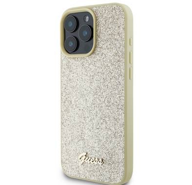 جراب Guess Fixed Glitter Hard Case مع شعار معدني مكتوب عليه Script لهاتف iPhone 16 Pro Max، رفيع، حماية من السقوط، سهل التركيب، مادة عالية الجودة، حماية إضافية - ذهبي